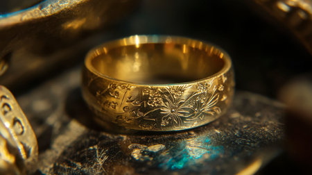 Stunning close-up of an elegant gold ring featuring intricate floral engravings, resting on a textured surface, symbolizing love and craftsmanship in jewelry design.の素材