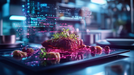 A stunning gourmet steak dish creatively presented with vibrant colors and high-tech visual effects, set in a modern restaurant kitchen filled with culinary innovations.の素材