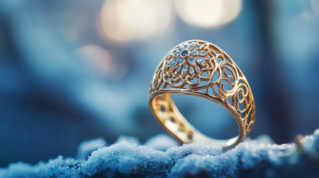 An elegant gold ring featuring an intricate design and sparkling gemstone rests gracefully on frosty ground, capturing the essence of luxury and winter beauty.の素材