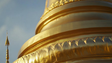 Stunning close-up of a golden temple stupa against a soft sky, showcasing intricate details and the serene atmosphere of spiritual architecture at sunset.の素材