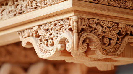 Close-up view of ornate wooden carvings that highlight the intricate craftsmanship and artistic detailing found in traditional woodwork, showcasing beauty and skill.の素材
