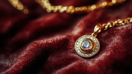 A stunning gold necklace featuring a circular pendant with a sparkling stone and delicate details, set against a rich velvet background, highlighting elegance and sophistication.の素材