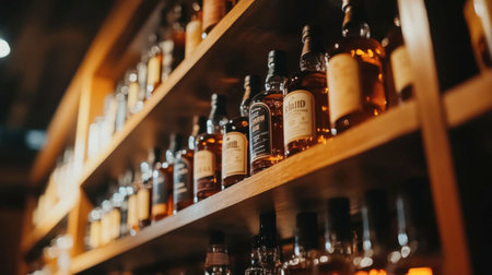 A captivating view of whiskey bottles artistically arranged on wooden shelves, showcasing a warm and inviting bar atmosphere perfect for whiskey tasting enthusiasts.の素材