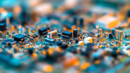 Vibrant close-up of a circuit board featuring various microchips and transistors, showcasing the intricate design and technology in modern electronics. Ideal for tech-related projects.の素材