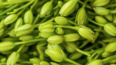 A stunning close-up image of fresh green buds nestled among stems, illustrating nature's growth and beauty, perfect for botanical themes or floral designs.の素材