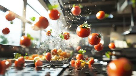 A lively scene capturing fresh tomatoes splashing in a modern kitchen, showcasing the freshness of ingredients and the art of culinary preparation in a bright atmosphere.の素材