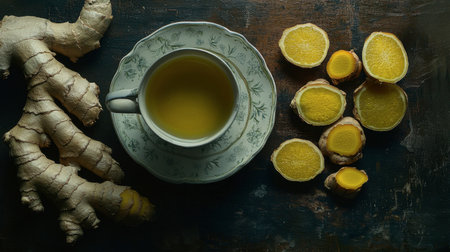 A beautiful overhead view of a cup of ginger tea surrounded by fresh ginger roots and sliced turmeric on a rustic wooden table, capturing the essence of wellness and natural ingredients.の素材