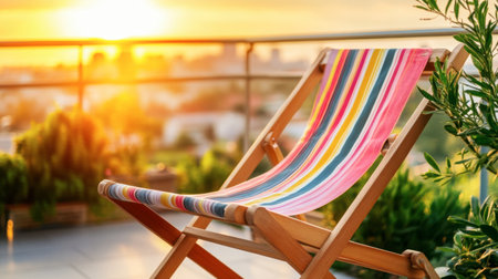 A vibrant striped chair offers a cozy spot for relaxation on a balcony, bathed in warm sunlight during a stunning sunset, surrounded by lush greenery. Perfect for leisure moments.の素材