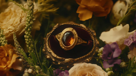 A stunning vintage ring featuring a large gemstone, rests gracefully on a bed of colorful flowers, evoking a sense of romance and beauty, perfect for artistic endeavors.の素材