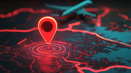 A vibrant red map pin marks a location on a digital map, complemented by an airplane, symbolizing travel, navigation, and exploration in modern technology.の素材
