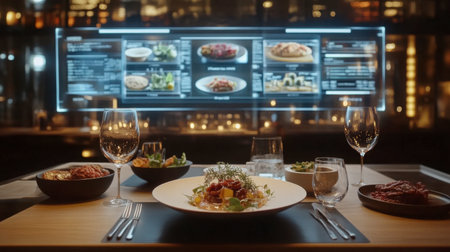 A stunning view of a modern dining table set with exquisite dishes and an interactive menu display, creating a captivating and sophisticated dining atmosphere.の素材