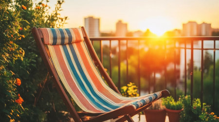 A colorful deck chair sits on a balcony during sunset, surrounded by vibrant flowers and an urban skyline, creating a peaceful and inviting atmosphere for relaxation.の素材