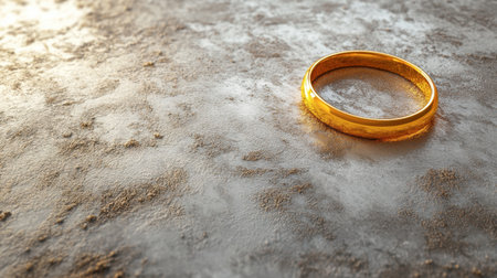 A beautiful gold ring rests on a textured surface, catching warm light and reflecting a sense of elegance and commitment, ideal for wedding and jewelry themes.の素材
