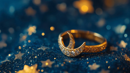 A beautiful golden ring featuring a crescent moon design adorned with shimmering stones, set against a mesmerizing blue starry background, perfect for romantic moments.の素材
