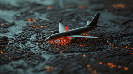 A visually striking image featuring a model airplane positioned on a topographical map at night, highlighting glowing city lights and a pinpoint location that represents travel possibilities.の素材