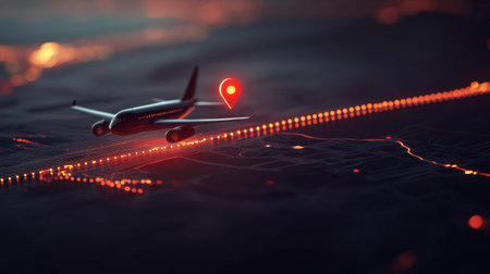 A stylized image of an airplane taking off at night, highlighting the illuminated flight path with a location pin, symbolizing modern travel and adventure in a city setting.の素材