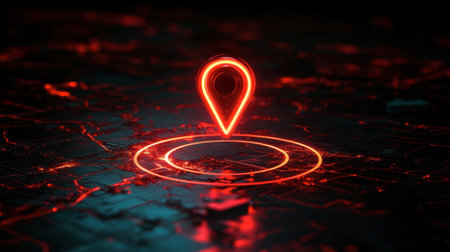 A striking neon location pin highlights a digital map landscape, conveying themes of navigation, technology, and modern exploration against a dark, abstract background.の素材
