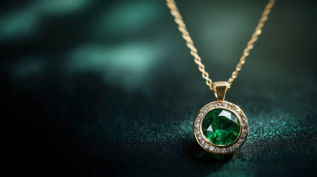 Discover a stunning gold necklace featuring a brilliant emerald pendant encircled by shimmering diamonds, beautifully showcased against a dark, softly lit background.の素材