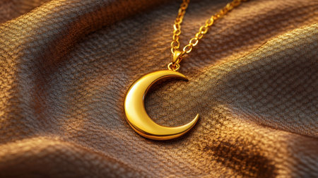 A stunning golden crescent moon pendant necklace elegantly rests on soft velvet fabric, showcasing intricate design and luxury in jewelry, perfect for any fashion lover.の素材