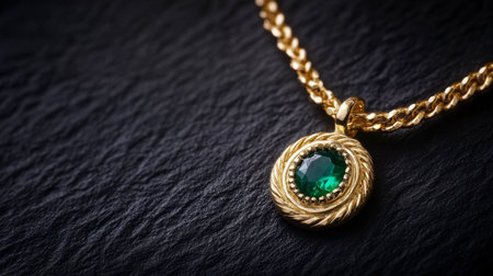 A stunning gold necklace featuring an exquisite emerald pendant, set against a dramatic dark stone background, perfect for showcasing exceptional jewelry design and elegance.の素材