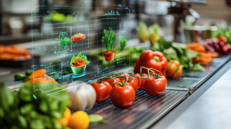 A modern kitchen table displays fresh vegetables and herbs alongside an augmented reality presentation of gourmet dishes, highlighting innovation in culinary arts and healthy cooking.の素材