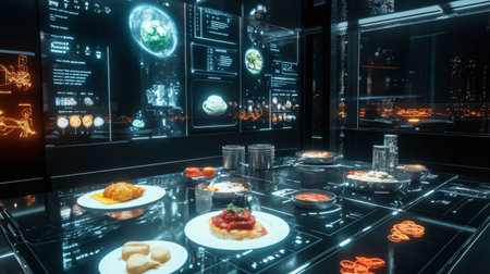 Experience a stunning futuristic dining setting with holographic displays showcasing gourmet dishes in a vibrant urban atmosphere at night.の素材