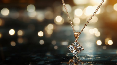 Capture the essence of elegance with this stunning gold necklace featuring a diamond pendant, beautifully showcased against a sparkling background of warm light.の素材