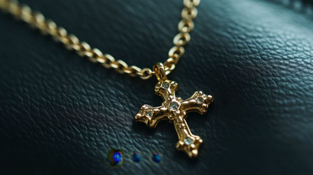Close-up of a golden cross pendant on a chain, lying on a leather background, emphasizing intricate details and luxurious appeal, ideal for fashion and religious themes.の素材