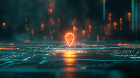 This image features a glowing digital map marker in a futuristic setting, representing advanced navigation technology and virtual spaces, with vibrant neon elements enhancing the atmosphere.の素材