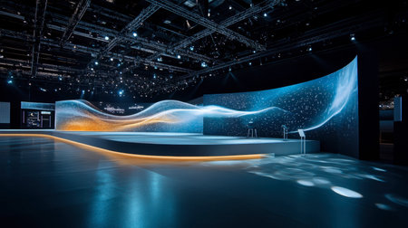 A contemporary event stage featuring vibrant lighting and abstract wave patterns, ideal for innovative presentations or conferences seeking a modern, dynamic atmosphere.の素材