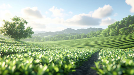 A breathtaking view of lush green tea fields stretching into the distance, beautifully illuminated by sunlight against a clear blue sky, offering a serene agricultural landscape.の素材