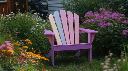 A charming colorful Adirondack chair set in a vibrant garden, surrounded by blooming flowers. This image captures the essence of outdoor relaxation and natural beauty.の素材