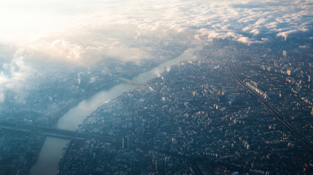 Stunning aerial perspective of a vibrant cityscape featuring a winding river, scattered clouds, and an expansive urban environment illuminated by soft sunlight during golden hour.の素材