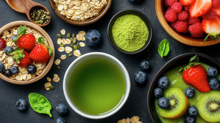 A vibrant flat lay showcasing fresh ingredients for a healthy breakfast, including oats, assorted berries, and green matcha powder on a dark backdrop. Perfect for nutrition enthusiasts.の素材