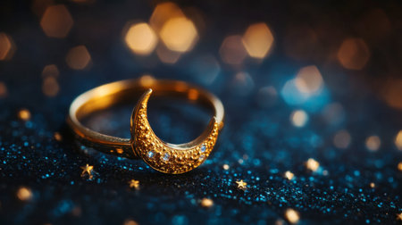 A stunning gold ring shaped like a crescent moon, adorned with sparkling details, set against a vibrant blue background, perfect for jewelry collections and fashion inspiration.の素材
