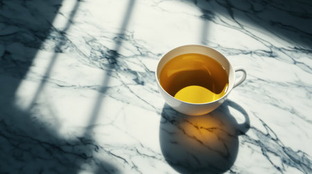 A serene and inviting scene featuring a white ceramic cup filled with golden tea, resting on a polished marble surface, illuminated by gentle sunlight and soft shadows.の素材