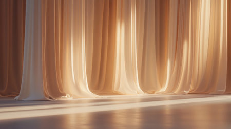 Gentle fabric drapes catch natural light, casting soft shadows in a tranquil indoor setting, perfect for artistic projects or elegant backgrounds. Ideal for visual storytelling.の素材