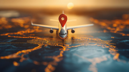 Captivating image of a miniature airplane located on a stylized map with a vibrant sunset backdrop, symbolizing travel ambitions and exploration aspirations.の素材