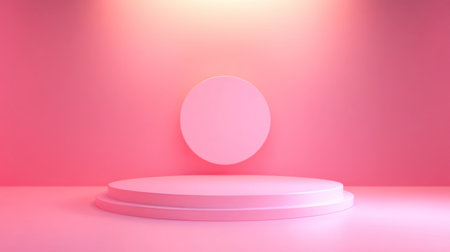 Minimalist pink studio setting with a floating circular display and round pedestal, ideal for showcasing products in a creative, modern, and vibrant atmosphere.の素材