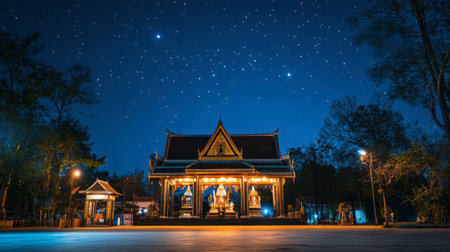 A stunning nighttime view of a traditional Thai temple illuminated against a starry sky, showcasing a serene atmosphere that invites reflection and spirituality in nature.の素材