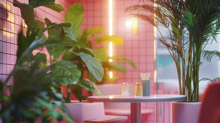 A cozy cafe interior showcasing lush plants and vibrant lighting against pink tiled walls, creating a modern and inviting atmosphere for relaxation and dining.の素材