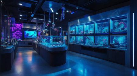 A modern aquatic exhibit featuring vibrant marine life displays in a dimly lit, futuristic environment, highlighting innovative design and immersive visitor experiences.の素材