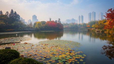 A peaceful urban park featuring a serene lake, vibrant autumn foliage, and modern city buildings in the background. Perfect for nature lovers and urban explorers.の素材