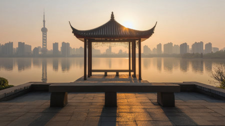 A tranquil scene featuring a traditional pavilion by a misty lake at sunrise, reflecting the soft golden light against a modern city skyline. A perfect moment of serenity.の素材