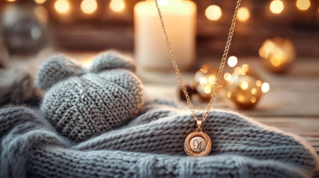 A beautiful gold necklace featured on a soft knit sweater with warm candlelight and decorative ornaments creating a cozy and elegant atmosphere perfect for any occasion.の素材