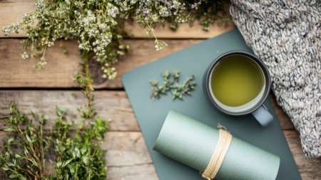 A serene wellness scene featuring a yoga mat, a cozy cup of herbal tea, and fresh greenery, perfect for promoting mindfulness and relaxation in a natural setting.の素材