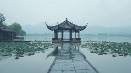 A tranquil scene featuring a Chinese pavilion surrounded by blooming lotus flowers on a calm lake, with misty mountains creating a serene atmosphere perfect for relaxation.の素材