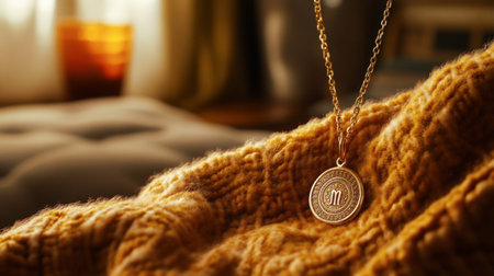 A beautiful gold necklace elegantly rests on a warm knit sweater, captured in soft natural light, creating a serene and stylish atmosphere perfect for fashion imagery.の素材