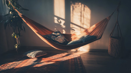 A beautifully arranged indoor hammock suspended in soft light, surrounded by cozy textiles and greenery, creating a tranquil atmosphere perfect for relaxation and rejuvenation.の素材
