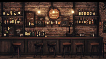 This image captures a cozy rustic bar interior, featuring wooden shelves lined with various bottles, dim lighting, and an inviting atmosphere perfect for social gatherings.の素材